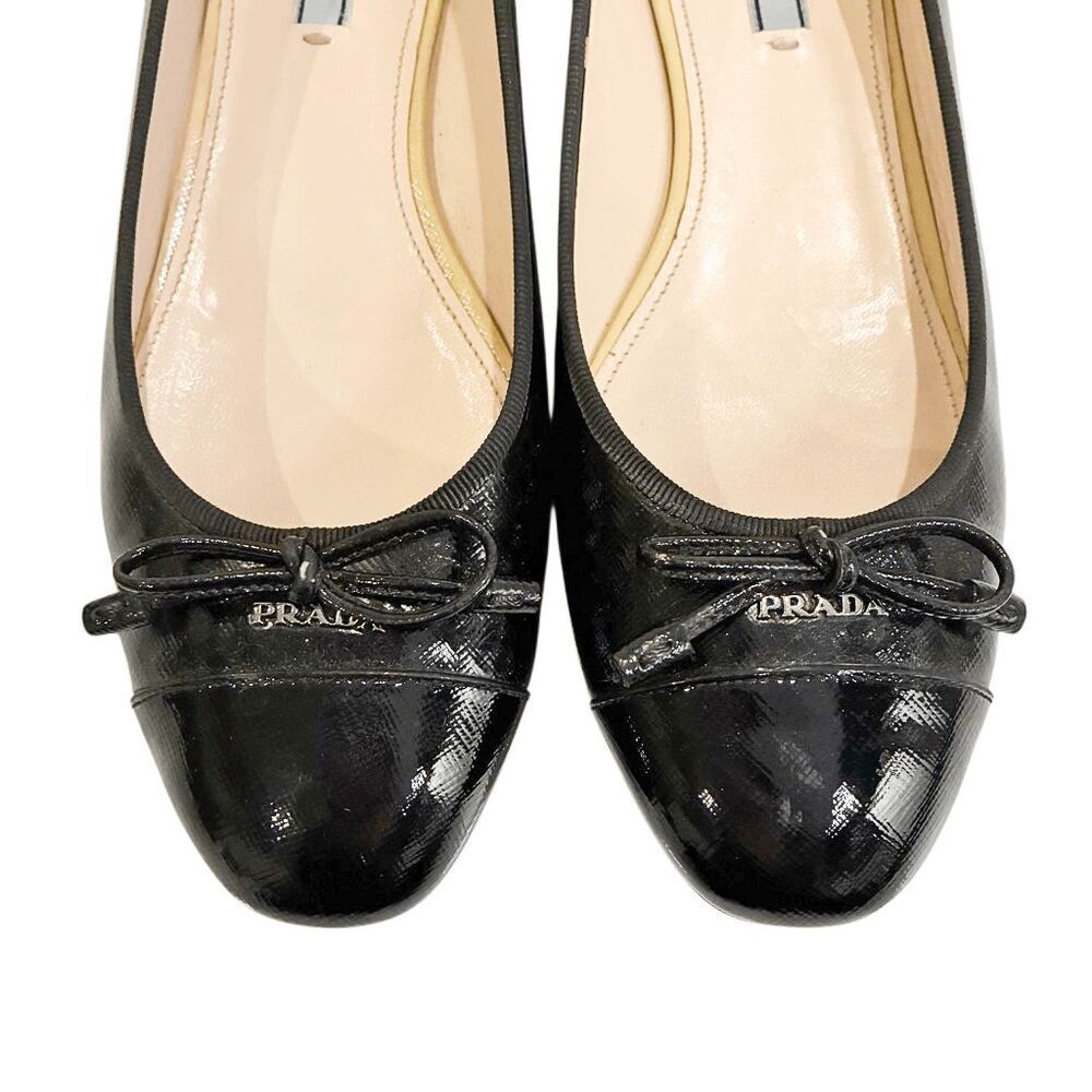 Prada Saffiano Leather Ballet Flats Cap Toe Black Logo Bow EU 41 Italy Slip Ons - Picture 4 of 14